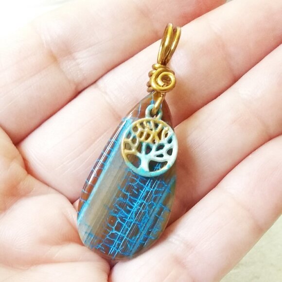 Tree of LIfe! Western Wear Vibes! Brown Agate Pendant with Electric Blue Veins - Picture 1 of 8